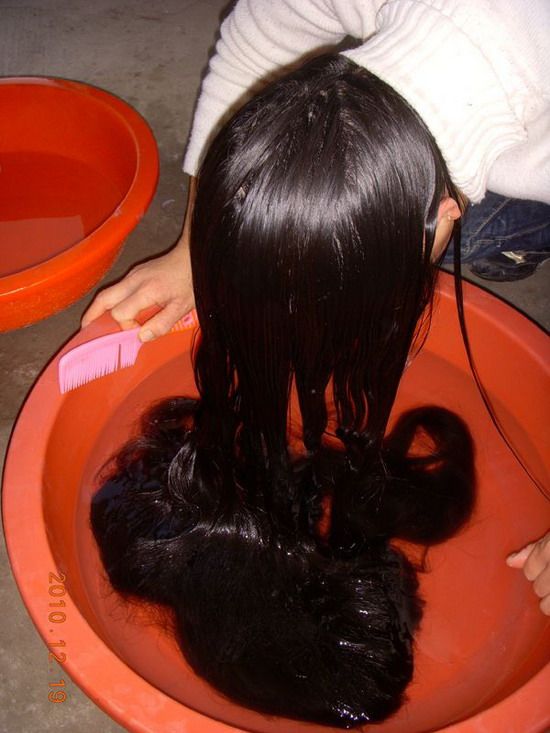 Wash long hair in basin and combing