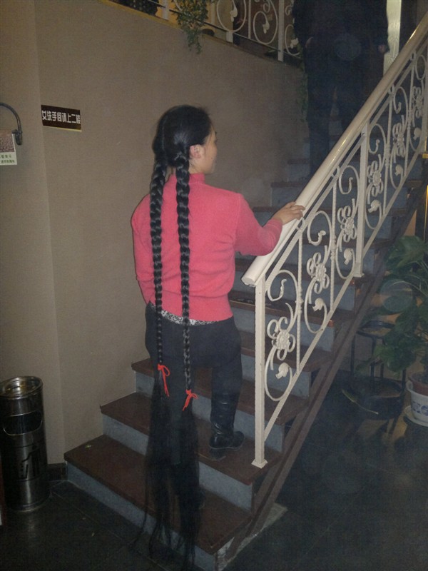 Long and thick double braid drag from stair to floor