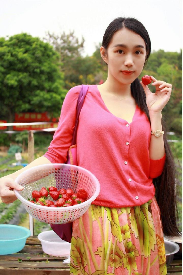 Long hair girl pick strawberry
