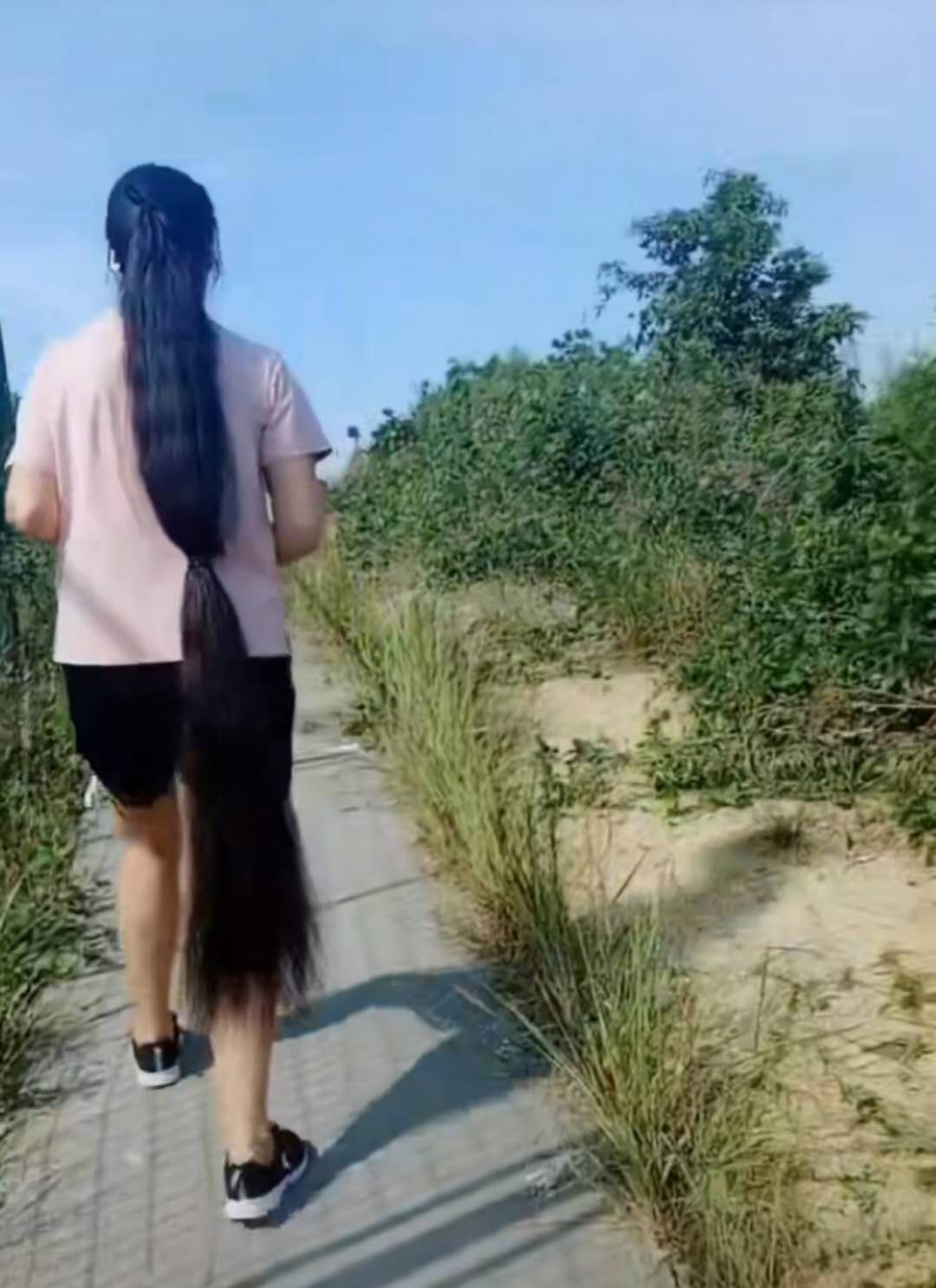 Knee length long ponytail walked on country road